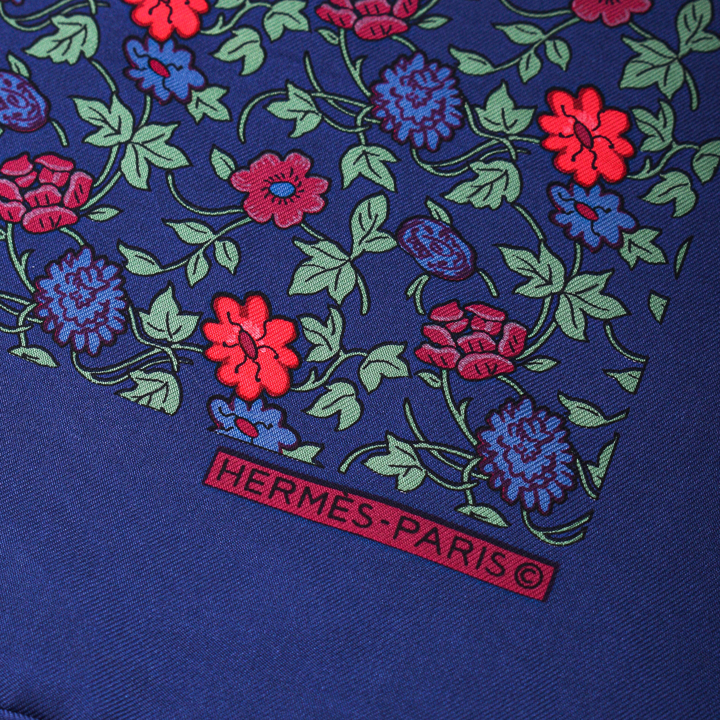 Hermes - Purple Floral Print Silk Scarf 40x40